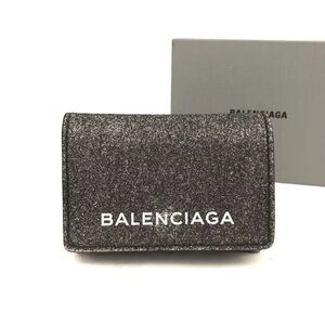 Authentic BALENCIAGA Logo Glitter Leather Trifold Wallet Black with box